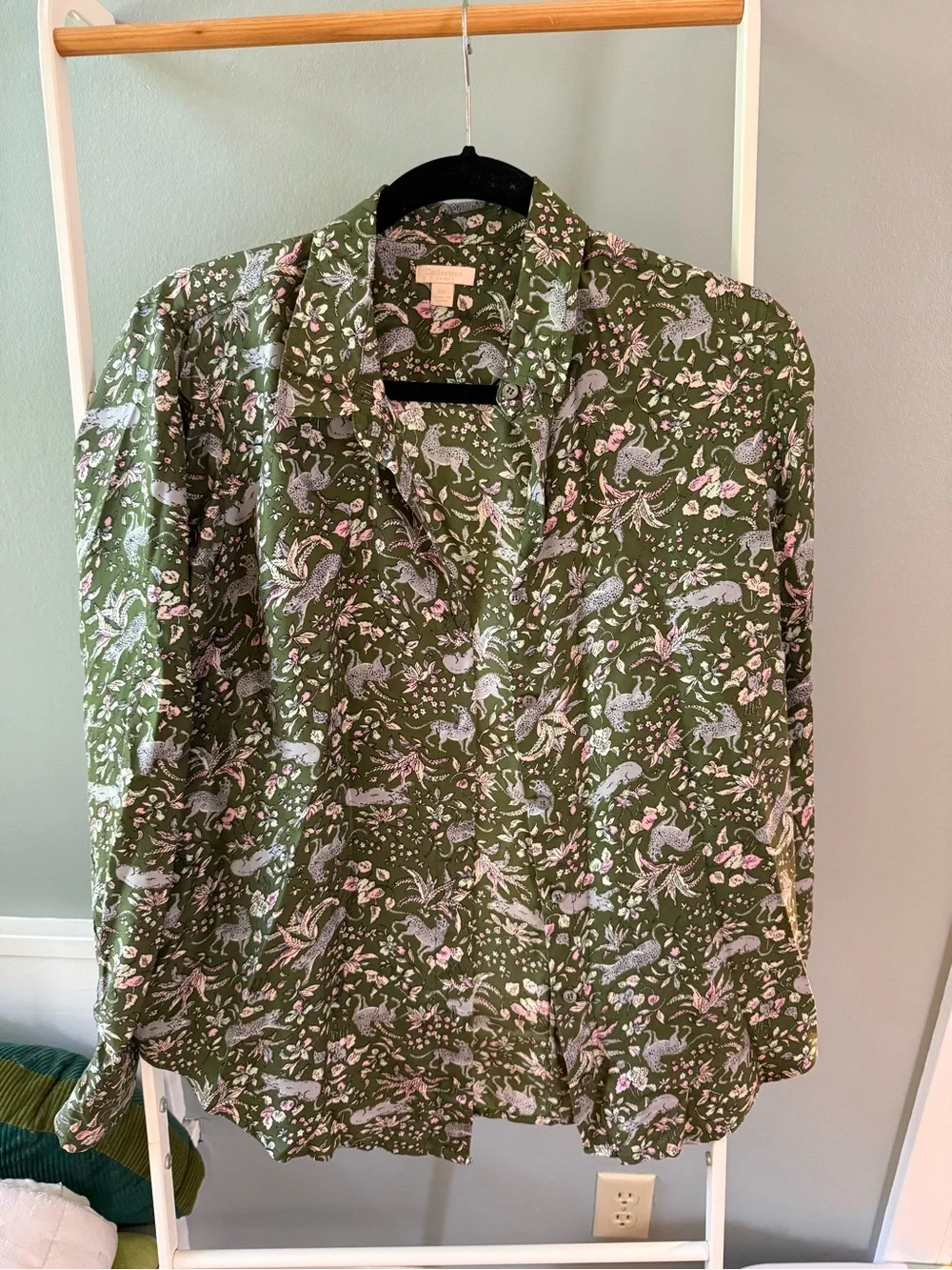 J. Crew Collection Silk Twill Jungle Cat Print Button Down size 10